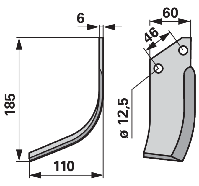 Bogenmesser links 60x6 Höhe 185 mm Arbeitsbreite 110 mm Lochabstand 46 mm GartenShop24 - Hochwertige Gartengeräte