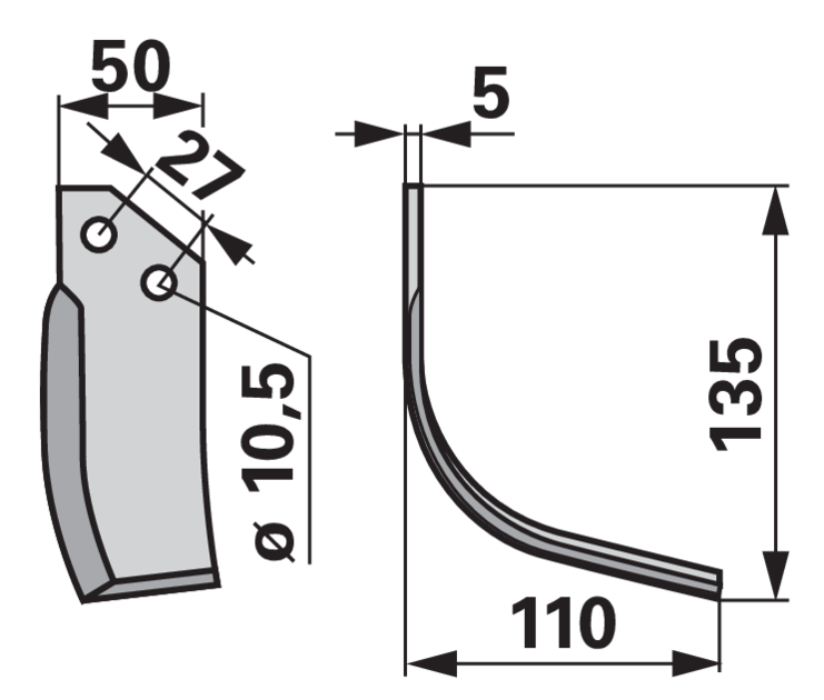 Bogenmesser rechts Muratori 120142 – Detailansicht Lochabstand 27 mm, Stärke 5 mm