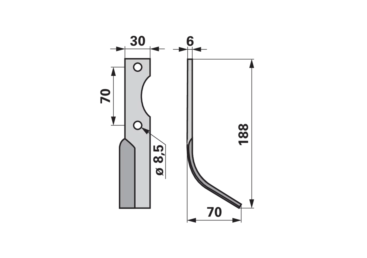 Bogenmesser rechts 30x6 L=188 mm Arbeitsbreite 70 mm LAB 70 GartenShop24 - Hochwertige Gartengeräte