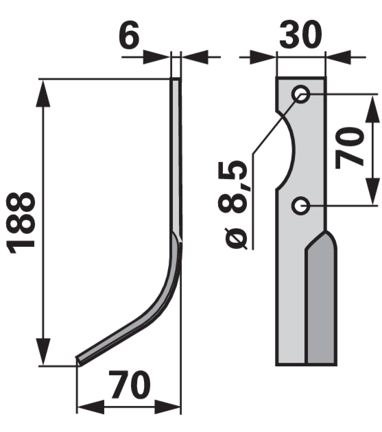 Bogenmesser links 30x6 L=188 Arbeitsbreite 70 LAB 70 GartenShop24 - Hochwertige Gartengeräte