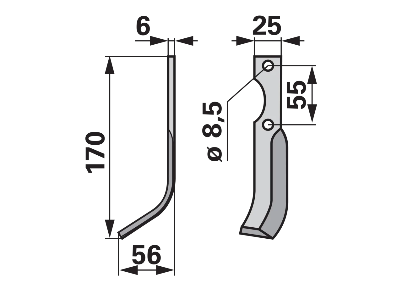 Bogenmesser links 25x6, Höhe 170 mm, Arbeitsbreite 56 mm, Lochabstand 55 mm GartenShop24 - Hochwertige Gartengeräte