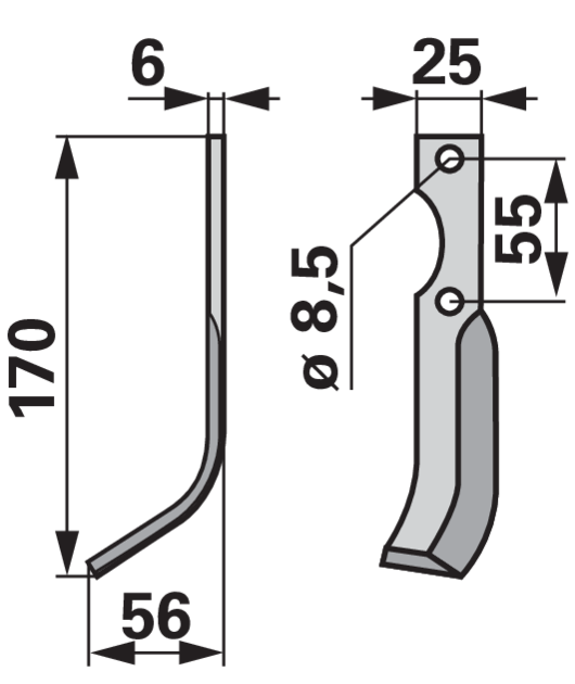 Bogenmesser links 25x6, Höhe 170 mm, Arbeitsbreite 56 mm, Lochabstand 55 mm GartenShop24 - Hochwertige Gartengeräte