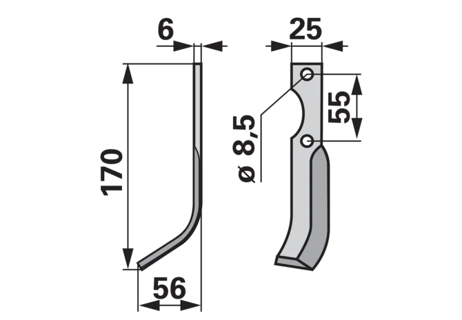 Bogenmesser links 25x6, Höhe 170 mm, Arbeitsbreite 56 mm, Lochabstand 55 mm GartenShop24 - Hochwertige Gartengeräte
