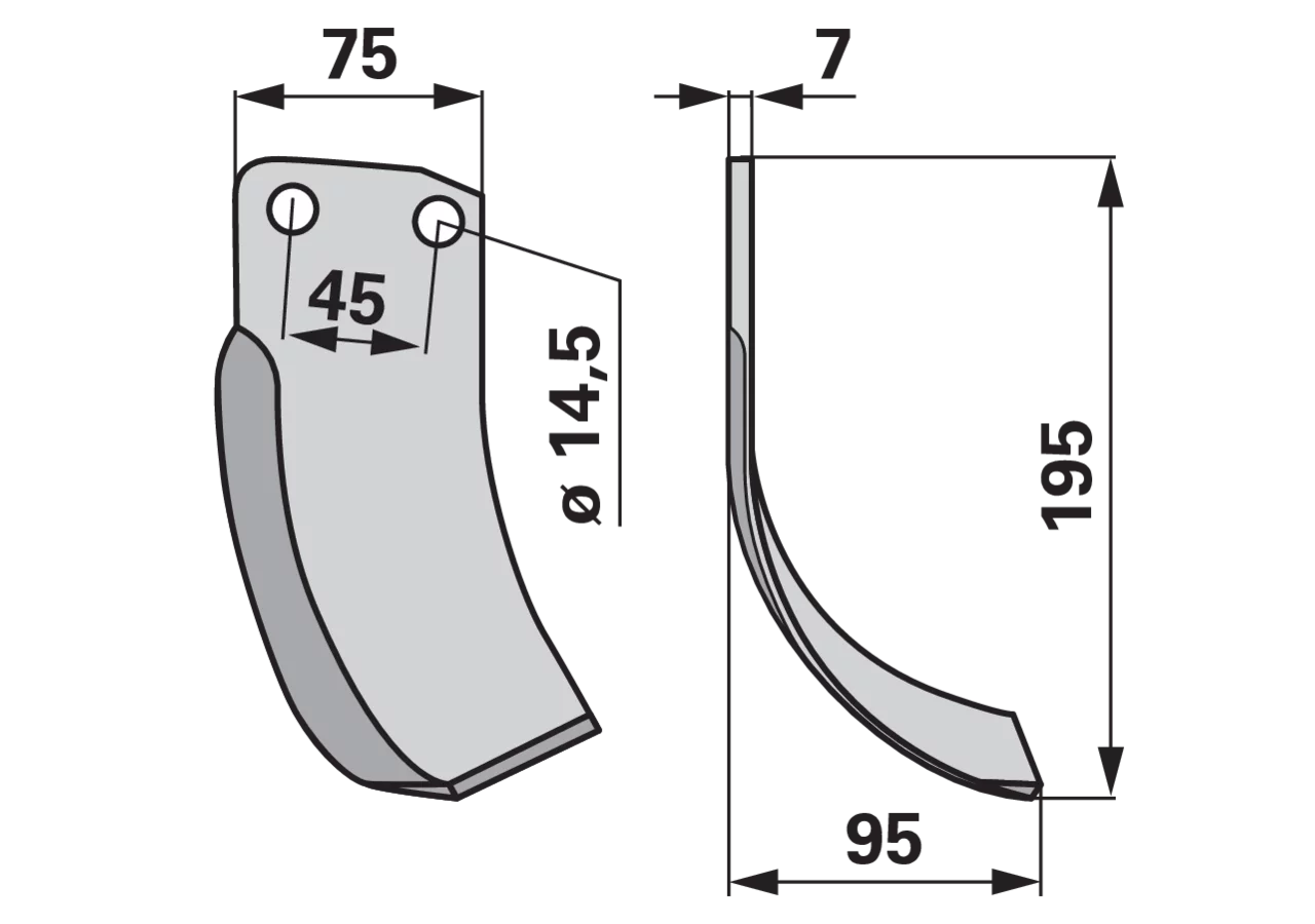 Bogenmesser rechts 75x7 L=195 mm Arbeitsbreite 95 mm LAB 45 mm GartenShop24 - Hochwertige Gartengeräte