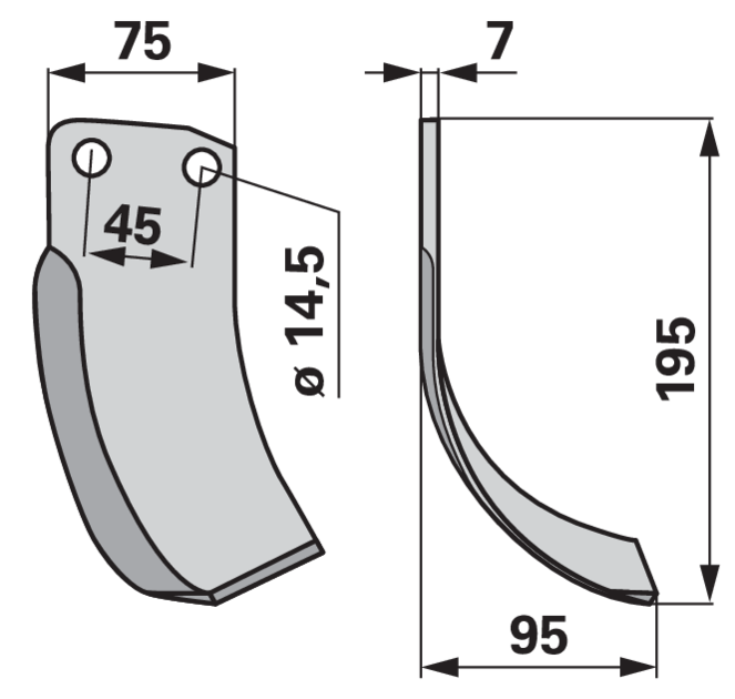 Bogenmesser rechts 75x7 L=195 mm Arbeitsbreite 95 mm LAB 45 mm GartenShop24 - Hochwertige Gartengeräte