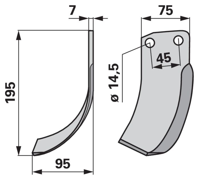 Bogenmesser links 75x7 L=195 mm Arbeitsbreite 95 mm Lochabstand 45 mm GartenShop24 - Hochwertige Gartengeräte