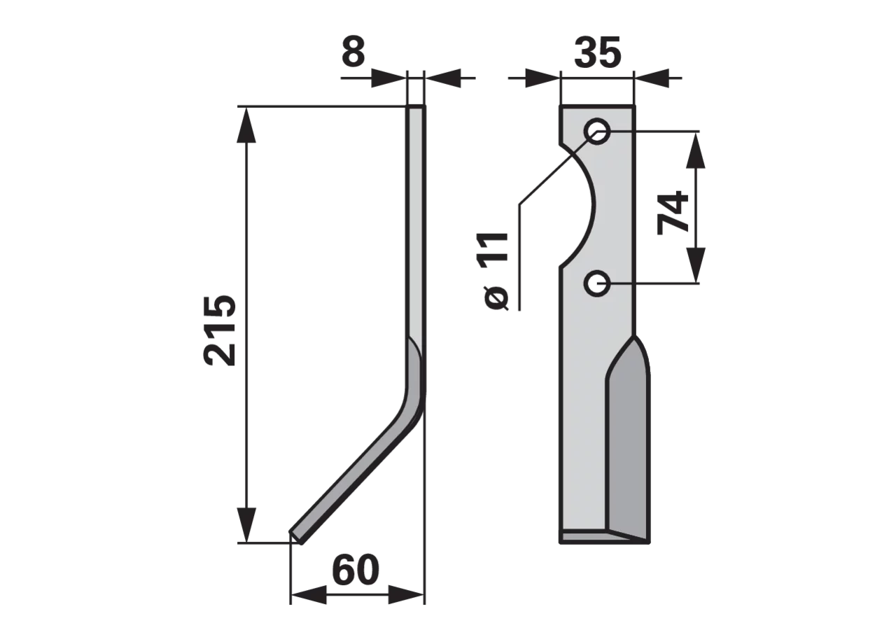 Winkelmesser links 35x8 L=215 mm Bodenfräsen – Arbeitsbreite 60 mm, Lochabstand 74 mm