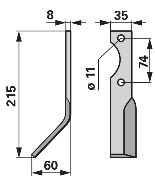 Fräsmesser links, Stärke 8 mm, Lochdurchmesser 11 mm – Detailansicht Befestigungsbohrung