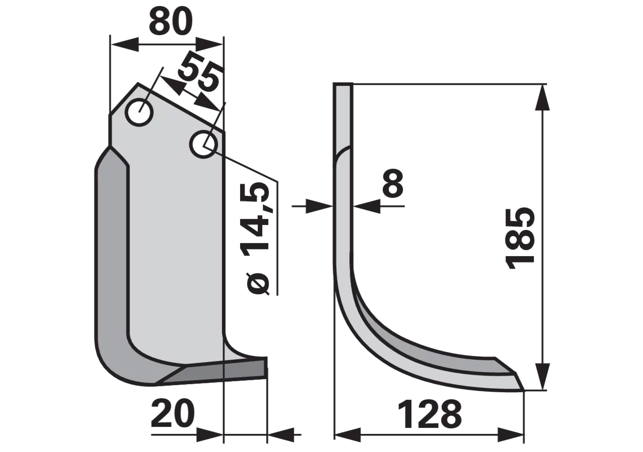 Bogenmesser rechts 80x8 L=185 mm Arbeitsbreite 128 mm – Ersatzmesser für Bodenfräsen