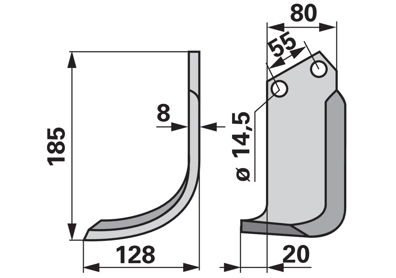 Bogenmesser links 80x8 L=185 mm Arbeitsbreite 128 mm LAB=55 GartenShop24 - Hochwertige Gartengeräte