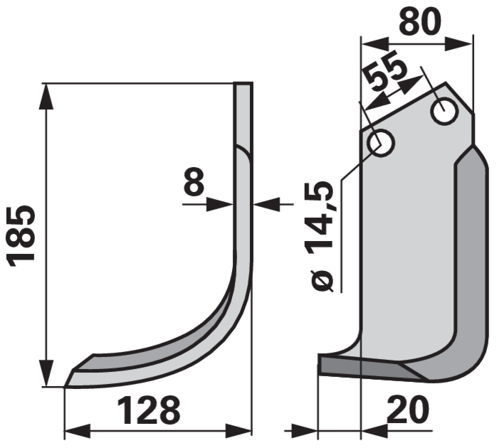 Bogenmesser links 80x8 L=185 mm Arbeitsbreite 128 mm LAB=55 GartenShop24 - Hochwertige Gartengeräte