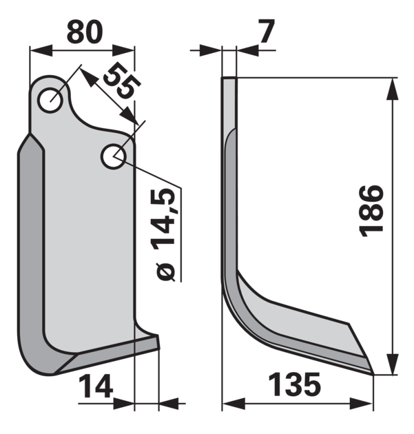 Bogenmesser rechts 80x7 mm Höhe 186 mm – Detail Lochabstand 55 mm und Lochdurchmesser 14,5 mm