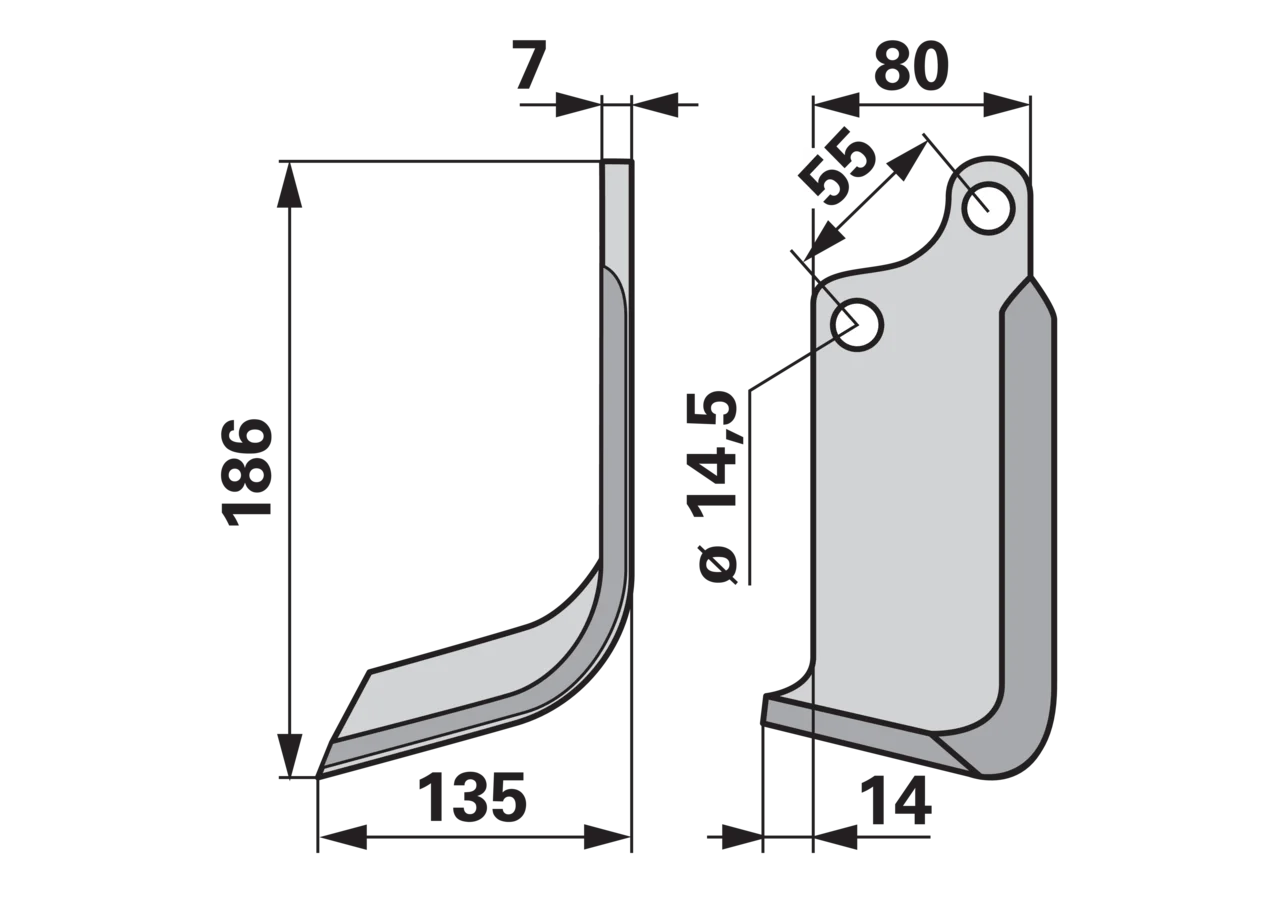 Bogenmesser links 80x7, Höhe 186 mm, Arbeitsbreite 135 mm, Lochabstand 55 mm GartenShop24 - Hochwertige Gartengeräte