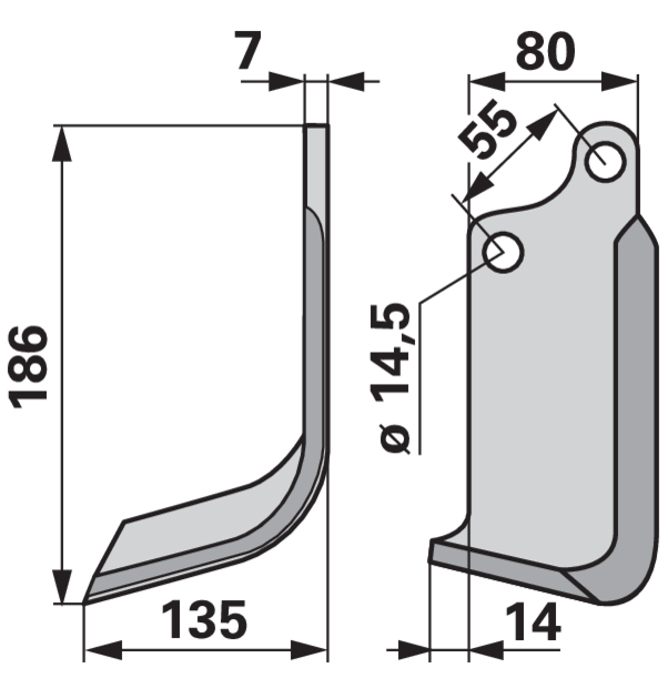 Bogenmesser links 80x7, Höhe 186 mm, Arbeitsbreite 135 mm, Lochabstand 55 mm GartenShop24 - Hochwertige Gartengeräte