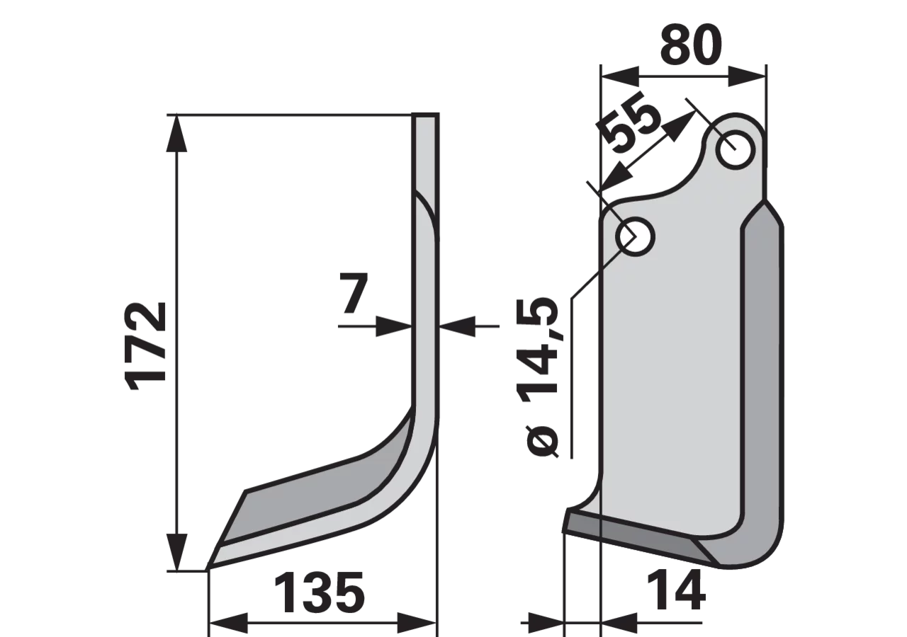 Bogenmesser links 80x7 Höhe 172 mm Arbeitsbreite 135 mm Lochabstand 55 mm GartenShop24 - Hochwertige Gartengeräte