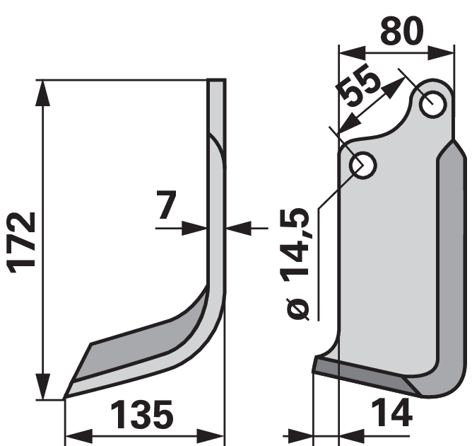 Bogenmesser links 80x7 Höhe 172 mm Arbeitsbreite 135 mm Lochabstand 55 mm GartenShop24 - Hochwertige Gartengeräte