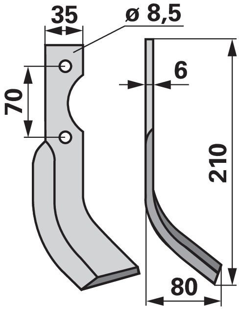 Bogenmesser rechts 35x6 L=210 mm Arbeitsbreite 80 mm Lochabstand 70 mm GartenShop24 - Hochwertige Gartengeräte