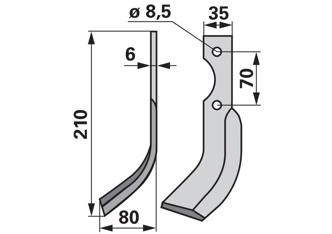 Bogenmesser links 35x6, Höhe 210 mm, Arbeitsbreite 80 mm, Lochabstand 70 mm GartenShop24 - Hochwertige Gartengeräte