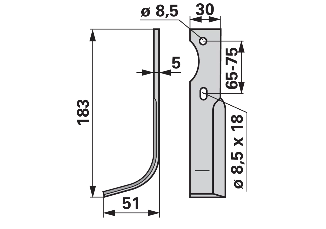 Bogenmesser links 30x5 L=183 mm Arbeitsbreite 51 mm LAB 65-75 GartenShop24 - Hochwertige Gartengeräte