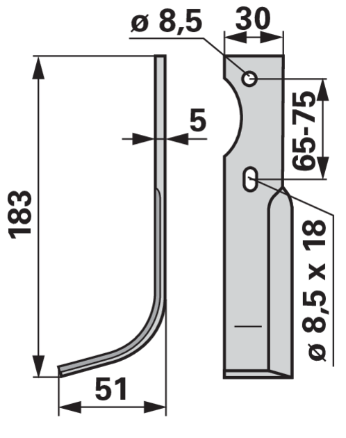 Bogenmesser links 30x5 L=183 mm Arbeitsbreite 51 mm LAB 65-75 GartenShop24 - Hochwertige Gartengeräte