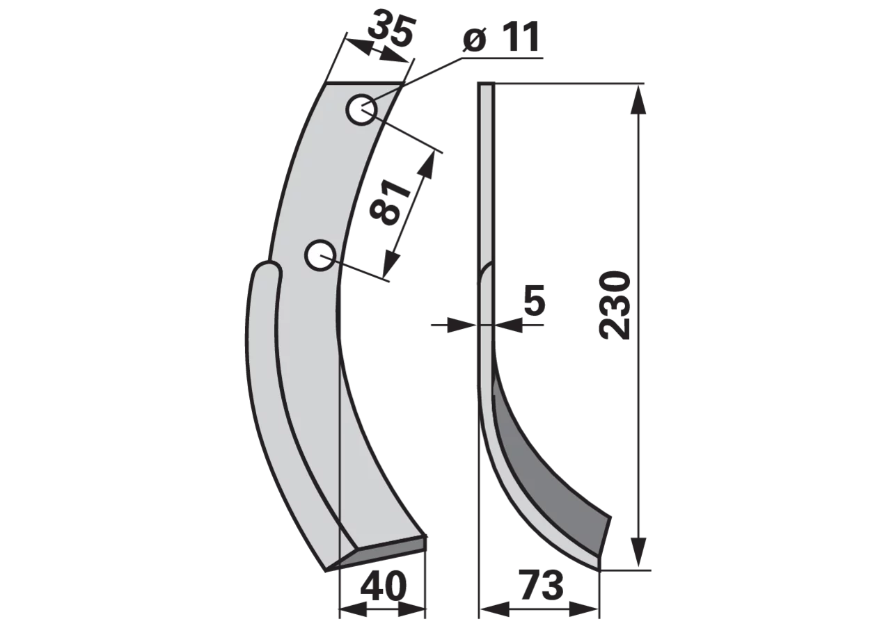 Bogenmesser rechts 35x5 L=230 mm Arbeitsbreite 73 mm Lochabstand 81 mm GartenShop24 - Hochwertige Gartengeräte