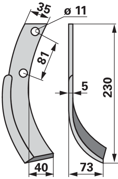 Bogenmesser rechts 35x5 L=230 mm Arbeitsbreite 73 mm Lochabstand 81 mm GartenShop24 - Hochwertige Gartengeräte
