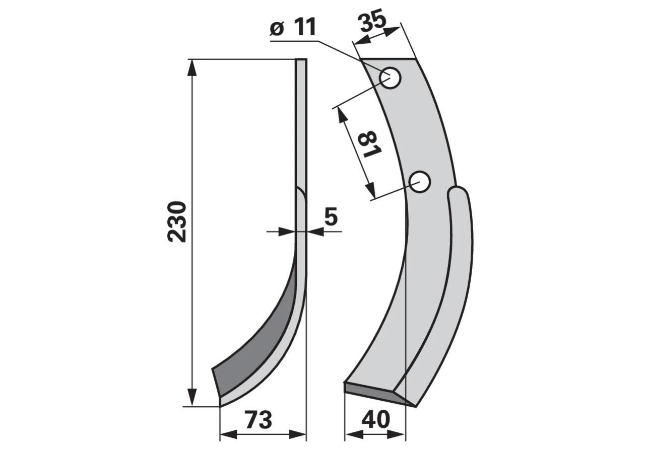 Bogenmesser links 35x5 – Höhe 230 mm, Arbeitsbreite 73 mm, Lochabstand 81 mm GartenShop24 - Hochwertige Gartengeräte