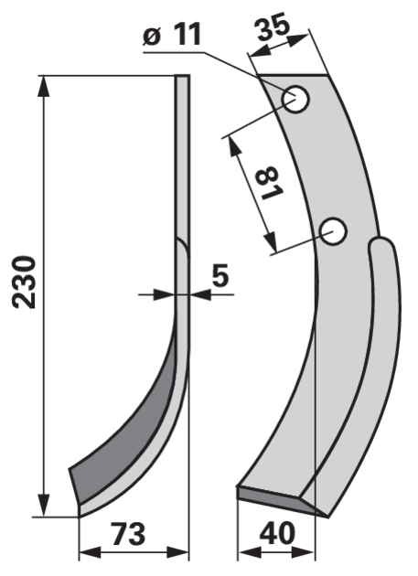Bogenmesser links 35x5 – Höhe 230 mm, Arbeitsbreite 73 mm, Lochabstand 81 mm GartenShop24 - Hochwertige Gartengeräte