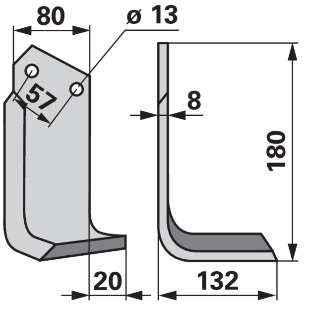 Winkelmesser rechts 80x8 Höhe 180 mm Arbeitsbreite 132 mm Lochabstand 57 mm GartenShop24 - Hochwertige Gartengeräte