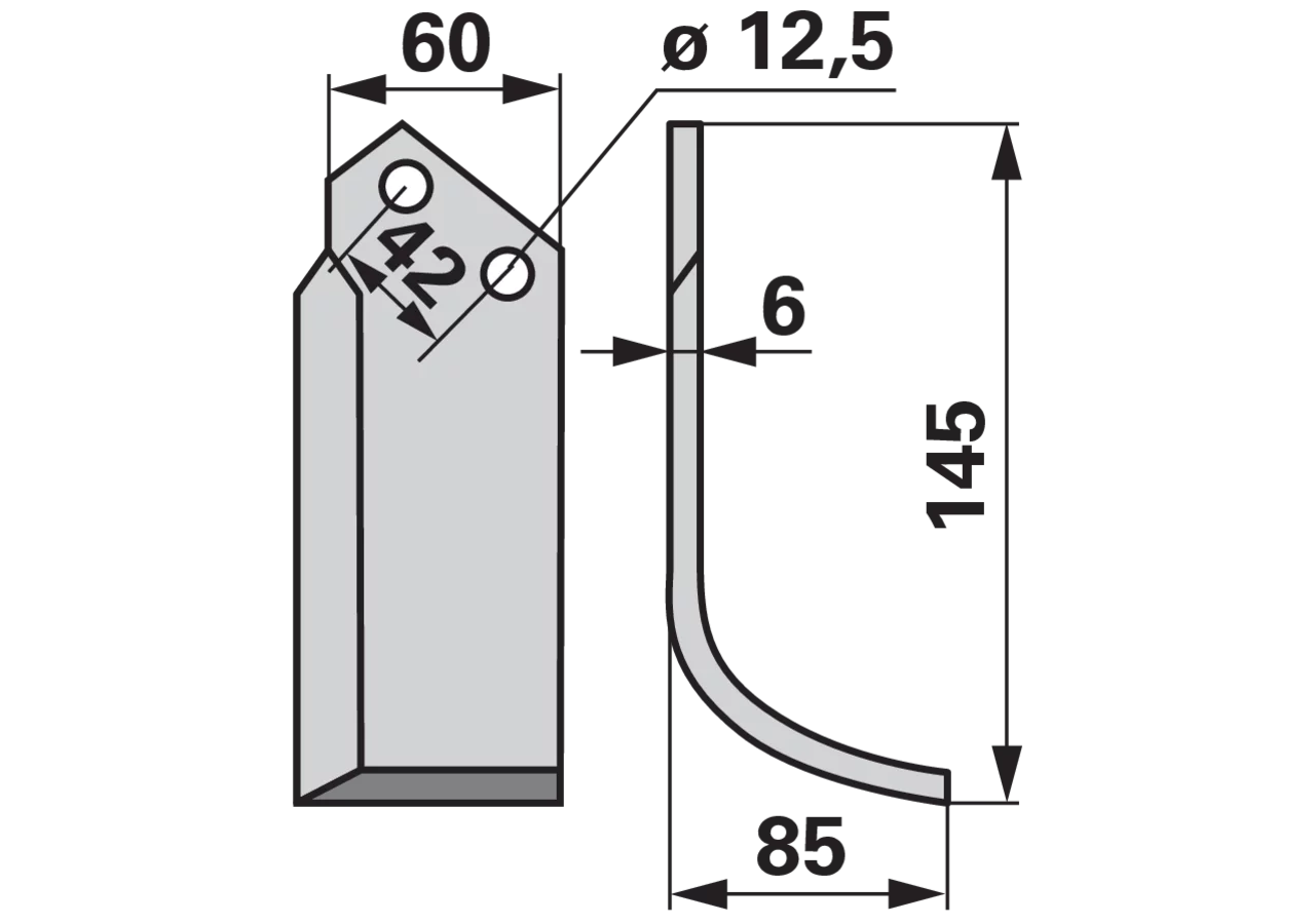 Bogenmesser rechts 85 mm Arbeitsbreite 42 mm Lochabstand für Bodenfräsen
