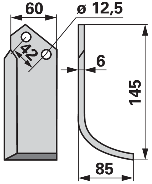 Bogenmesser rechts – Gesamthöhe 145 mm, Stärke 6 mm, Lochdurchmesser 12,5 mm