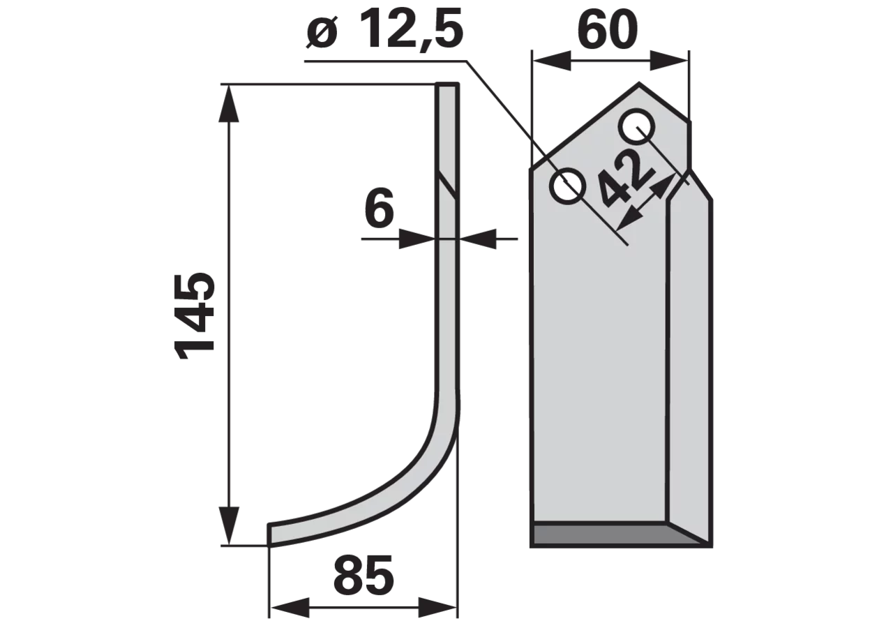 Bogenmesser links 60x6, Höhe 145 mm, Arbeitsbreite 85 mm, Lochabstand 42 mm GartenShop24 - Hochwertige Gartengeräte