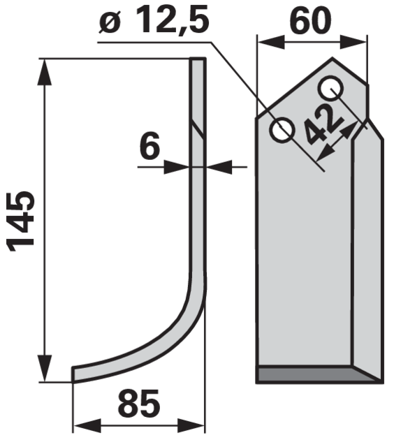 Bogenmesser links 60x6, Höhe 145 mm, Arbeitsbreite 85 mm, Lochabstand 42 mm GartenShop24 - Hochwertige Gartengeräte