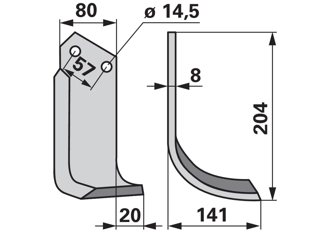 Bogenmesser rechts Pegoraro 004585 – Ersatzteil für Bodenfräsen, 141×204 mm