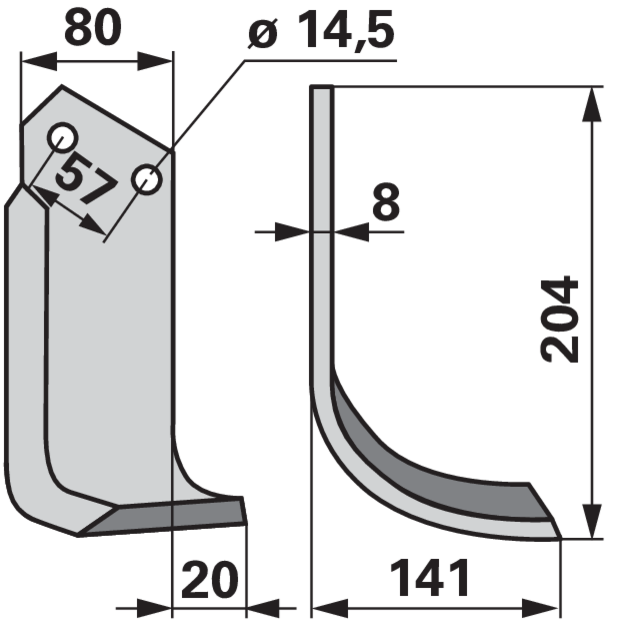 Bogenmesser rechts Pegoraro 004585 – Detailansicht Lochdurchmesser 14,5 mm und Stärke 8 mm