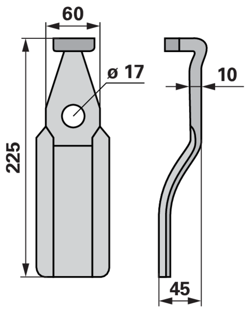 Fräsmesser 60x10 Detailansicht: Lochdurchmesser 17 mm, Stärke 10 mm, Höhe 225 mm