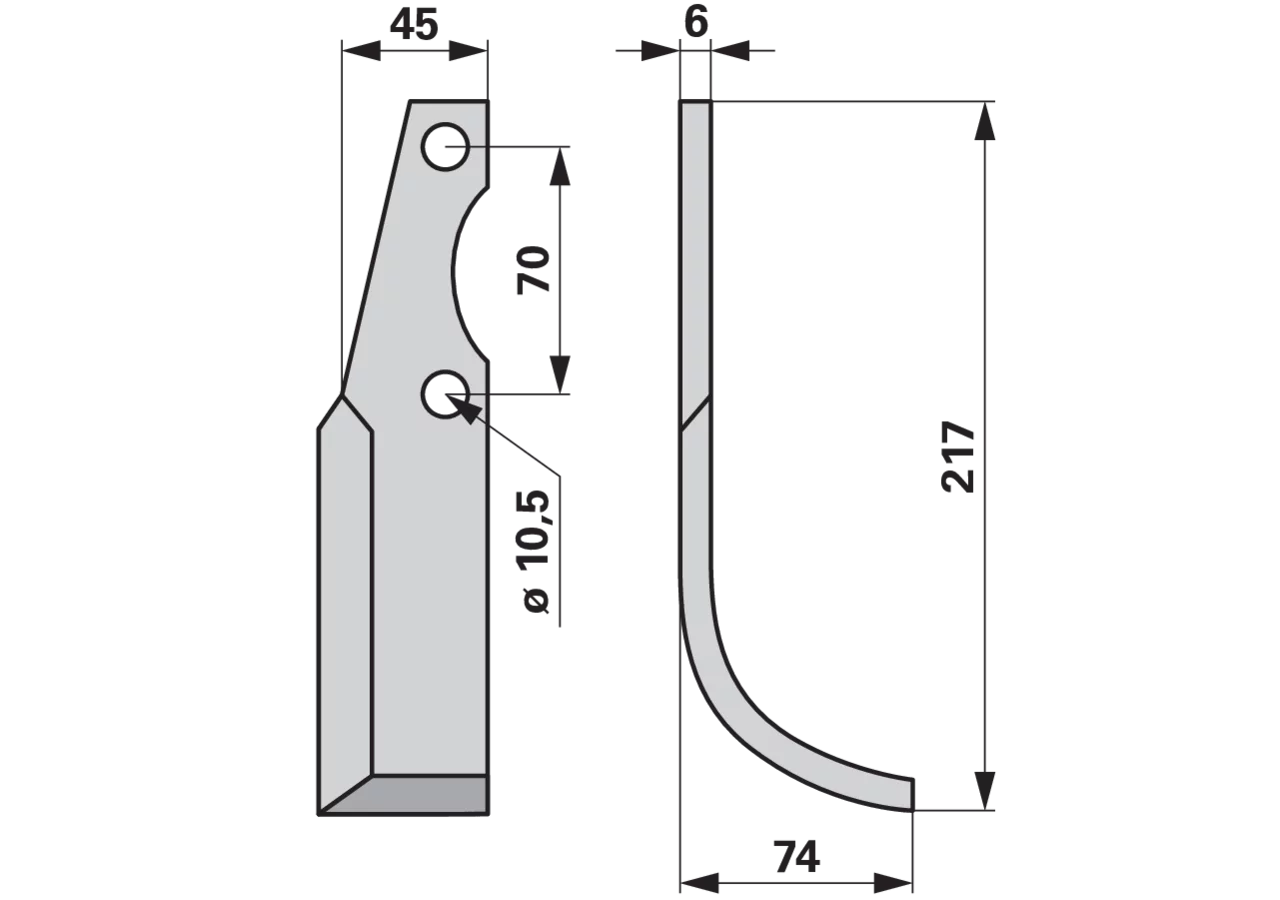 Bogenmesser rechts 45x6 Höhe 217 mm Arbeitsbreite 74 mm Lochabstand 70 mm GartenShop24 - Hochwertige Gartengeräte