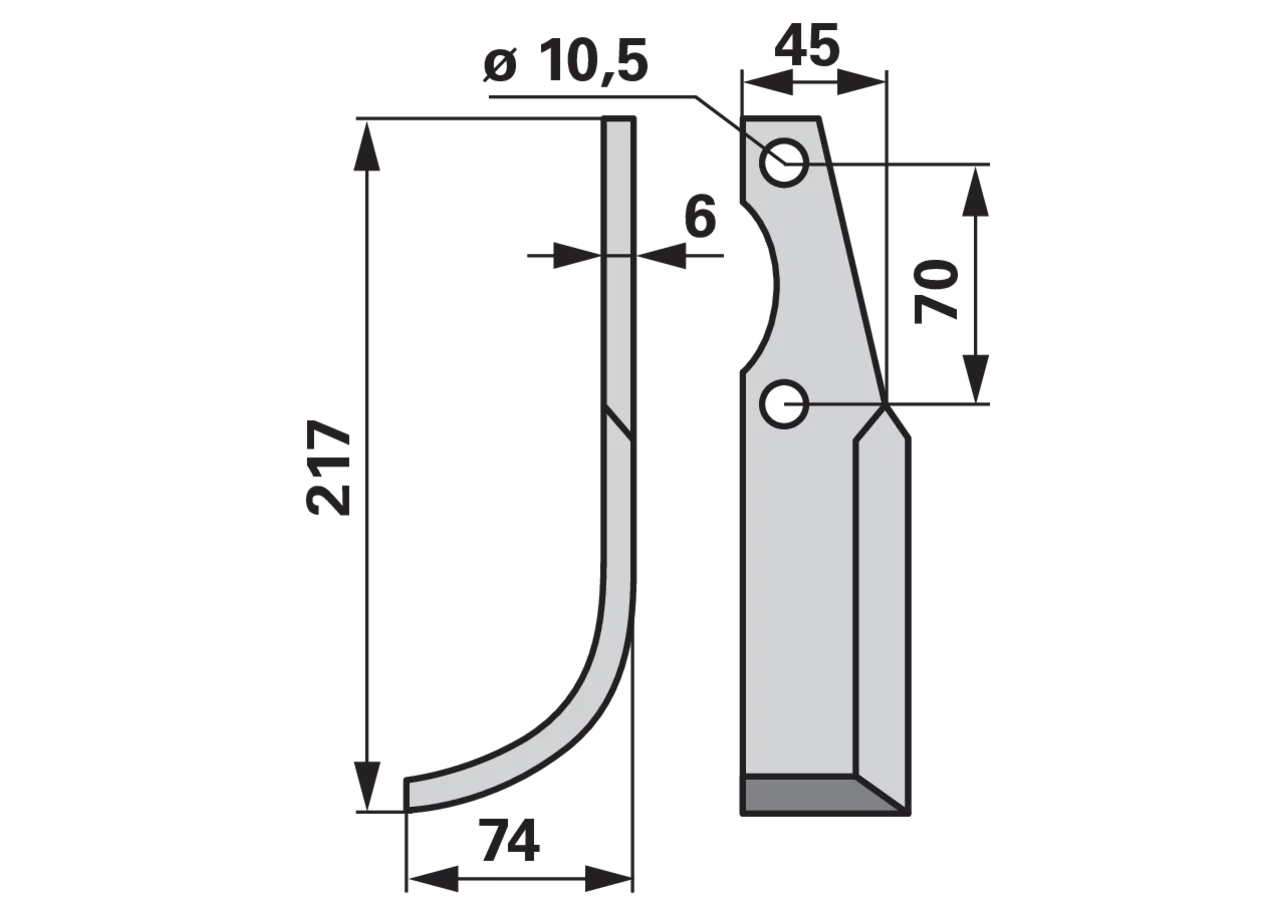 Bogenmesser links 45x6, Höhe 217 mm, Arbeitsbreite 74 mm, Lochabstand 70 mm GartenShop24 - Hochwertige Gartengeräte
