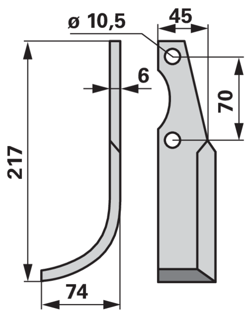 Bogenmesser links 45x6, Höhe 217 mm, Arbeitsbreite 74 mm, Lochabstand 70 mm GartenShop24 - Hochwertige Gartengeräte