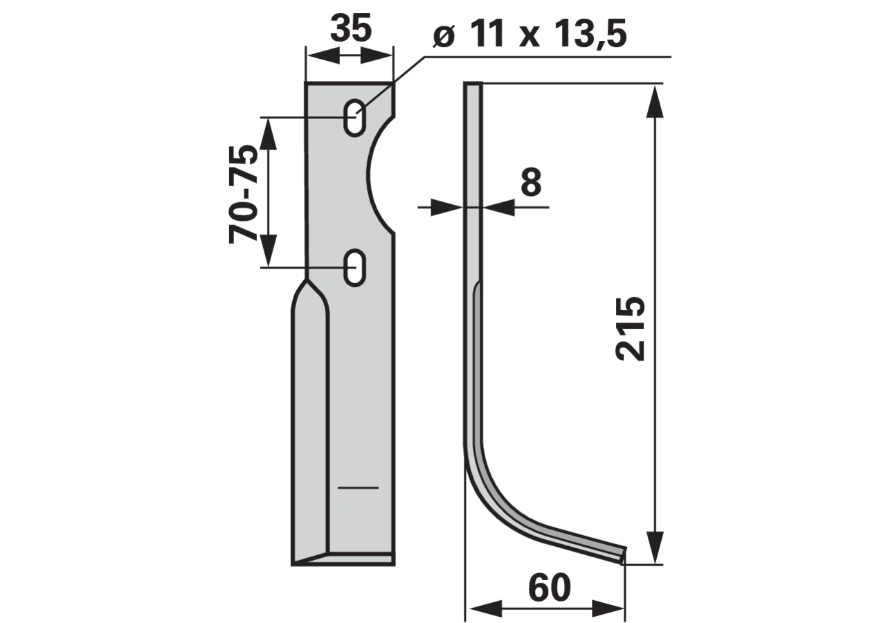 Bogenmesser rechts 35x8 L=215 mm LAB 70-75 – Ersatzmesser für Bodenfräsen