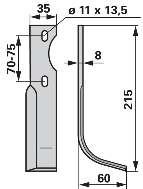 Bogenmesser rechts, Länge 215 mm, Arbeitsbreite 60 mm, Langloch 11x13,5 mm