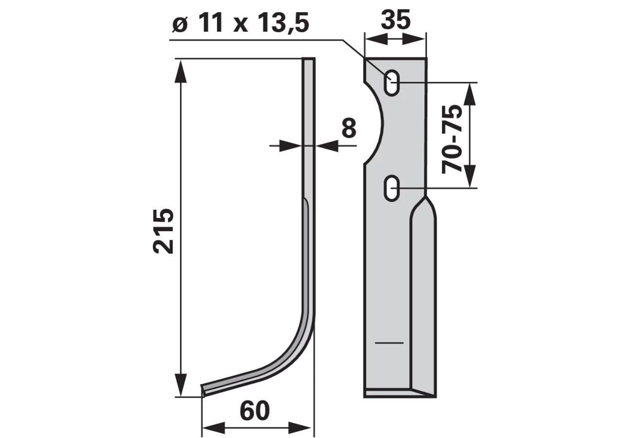 Bogenmesser links 35x8, Höhe 215 mm, Arbeitsbreite 60 mm, LA 70/75 mm GartenShop24 - Hochwertige Gartengeräte