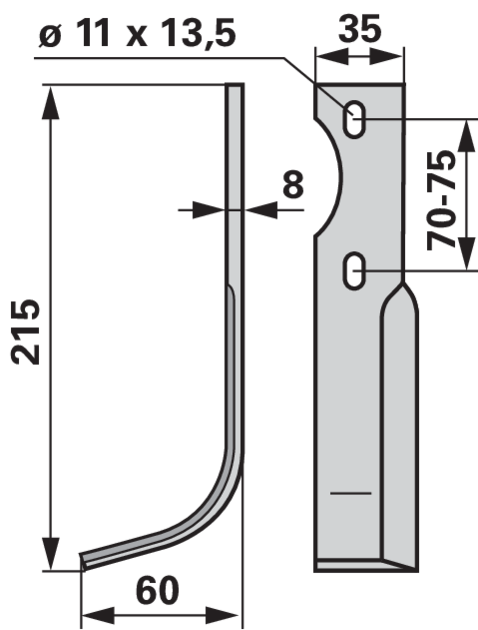 Bogenmesser links 35x8, Höhe 215 mm, Arbeitsbreite 60 mm, LA 70/75 mm GartenShop24 - Hochwertige Gartengeräte