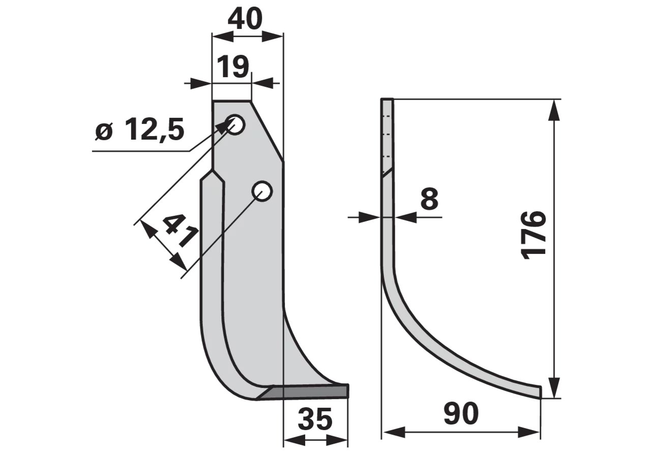 Bogenmesser rechts 40x8 Arbeitsbreite 90 mm für Bodenfräsen, Höhe 176 mm
