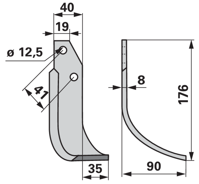 Detailansicht Bogenmesser rechts 40x8 – Lochdurchmesser 12,5 mm, LA 41 mm