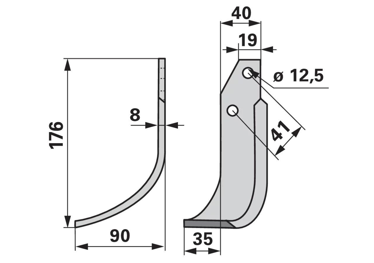Bogenmesser links 40x8, Höhe 176 mm, Arbeitsbreite 90 mm, Lochabstand 41 mm GartenShop24 - Hochwertige Gartengeräte