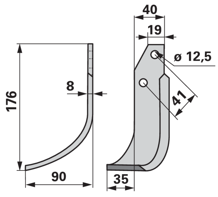 Bogenmesser links 40x8, Höhe 176 mm, Arbeitsbreite 90 mm, Lochabstand 41 mm GartenShop24 - Hochwertige Gartengeräte