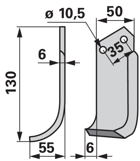 Bogenmesser links 55 mm – Detailansicht Lochabstand 35 mm und Lochdurchmesser 10,5 mm
