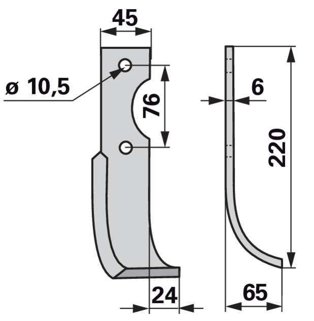 Bogenmesser rechts 220 mm – Detailansicht Lochabstand 76 mm und Lochdurchmesser 10,5 mm
