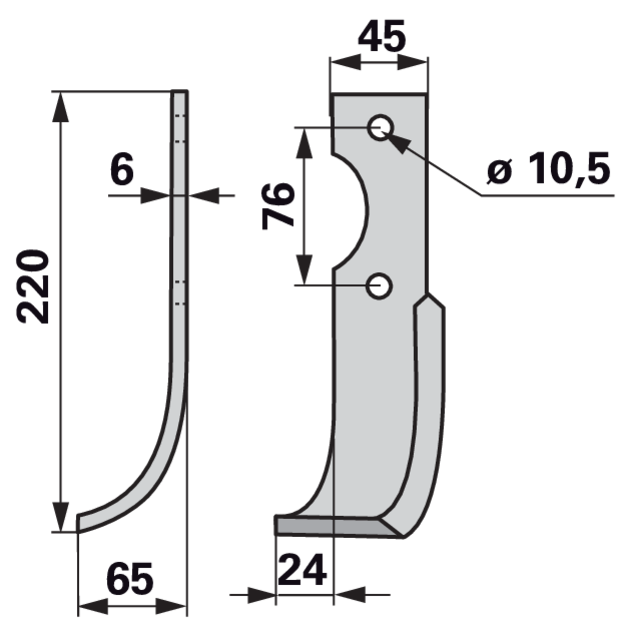 Bogenmesser links 220 mm – Detailansicht Lochabstand 76 mm und Lochdurchmesser 10,5 mm
